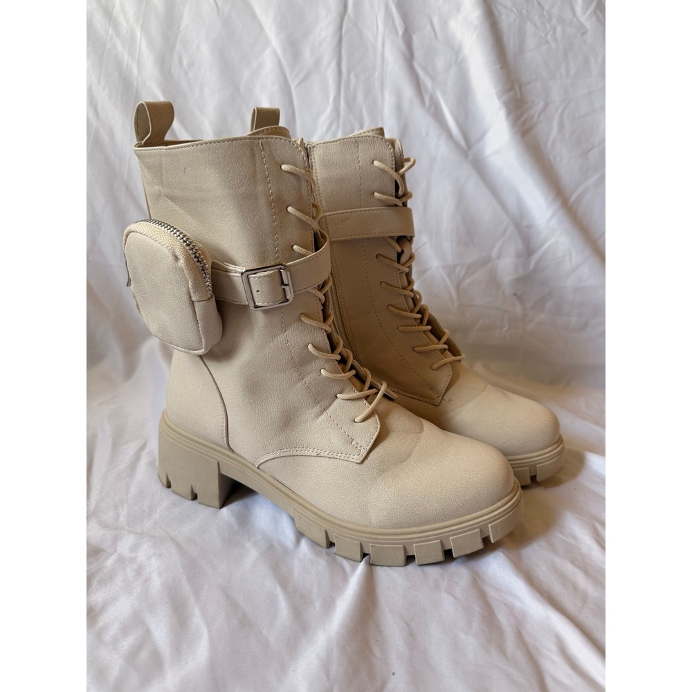Cream Beige Utility Pocket Combat Boots Chunky Lug Sole Lace Up Ankle Boots 8